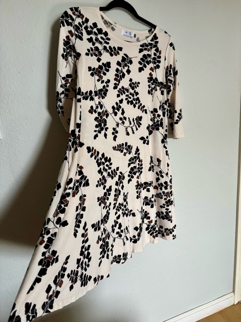 Sig Zane & Fighting Eel Cream Asymmetrical Floral Dress with Black & Brown Print